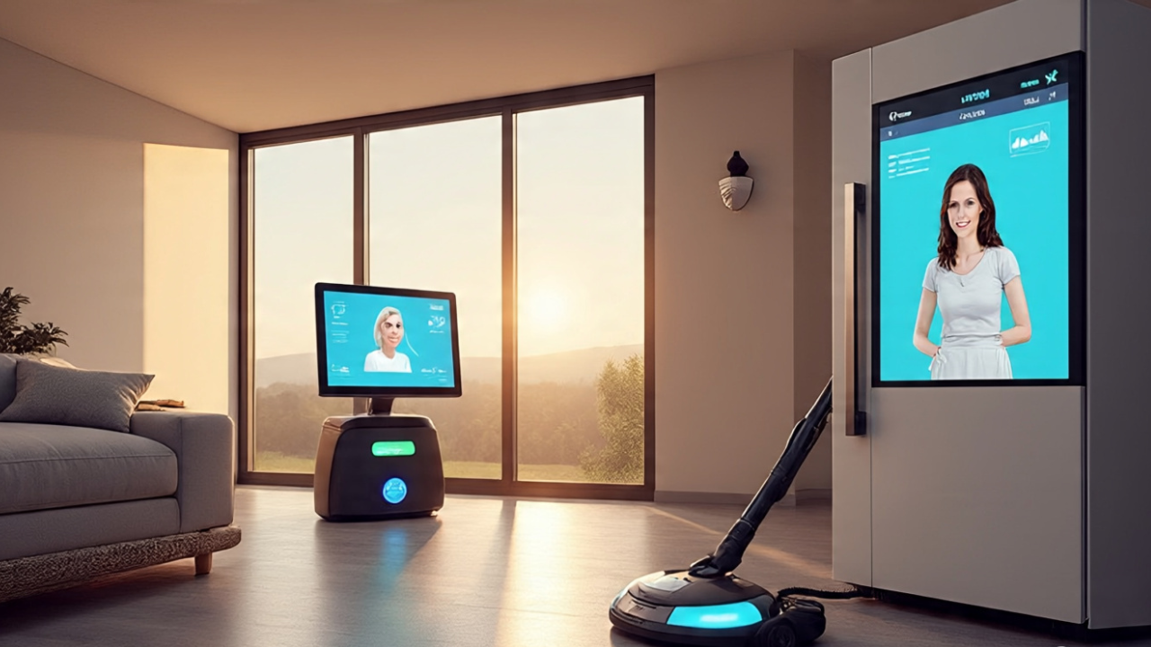 "Modern smart home interior with voice assistant hub, smart lighting, robotic vacuum, and energy monitoring system — illustrating how smart home technology changes daily life in 2025"