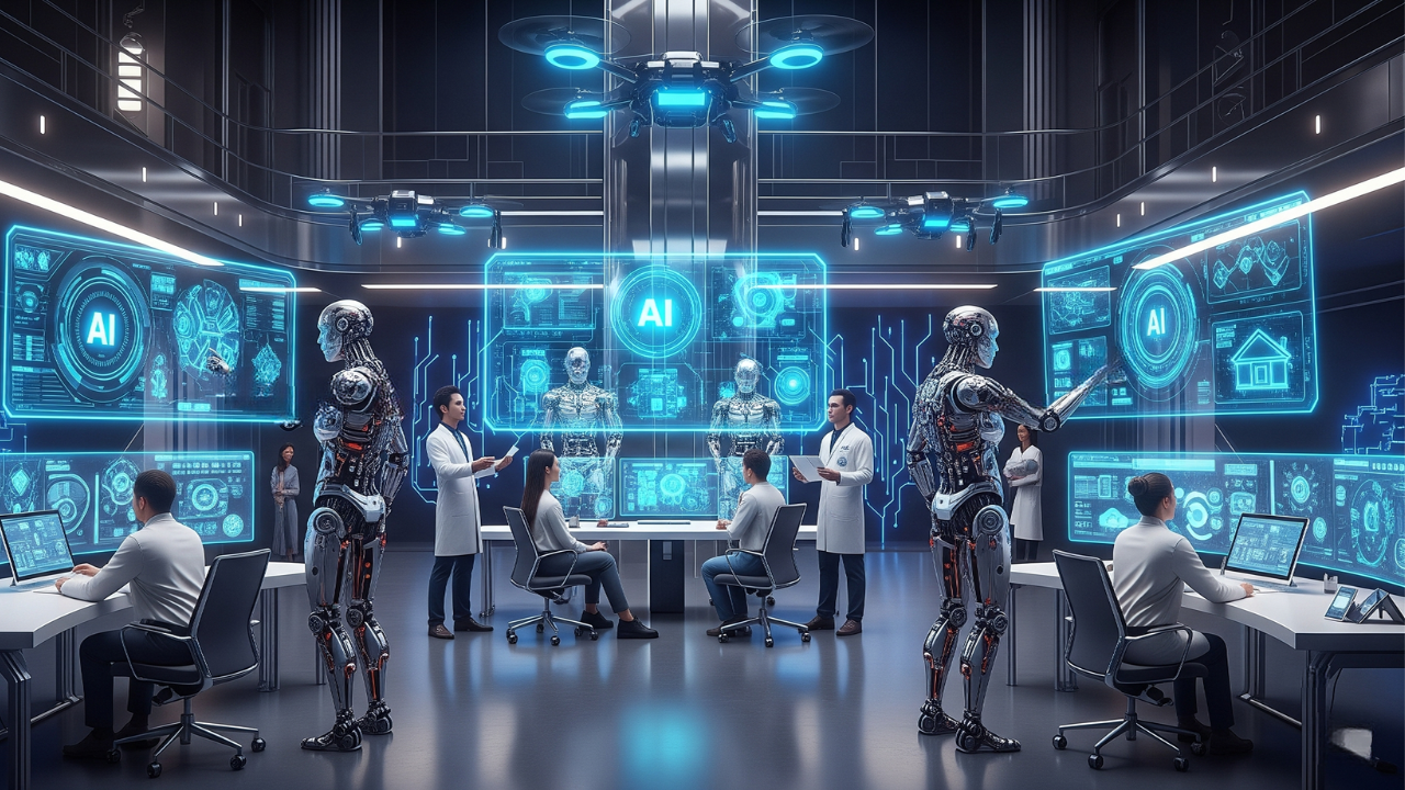 Futuristic workspace with AI robots, holographic screens, and smart home devices — Future Tech Vibe