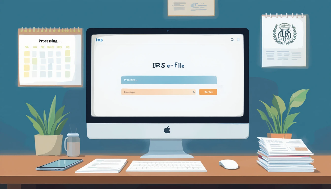 A clean, modern flat-style illustration of a computer screen showing the IRS e-file portal with a “Processing…” bar, tax forms on a desk, and a 2025 calendar in the background — professional and tech-themed color palette.